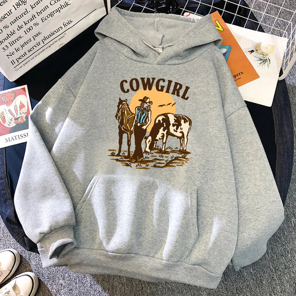The Cowgirl And Her Cow And Horse Live In The West Hoody Woman Hip Hop Street Hoodies Crewneck Pocket Clothes Loose Pullover