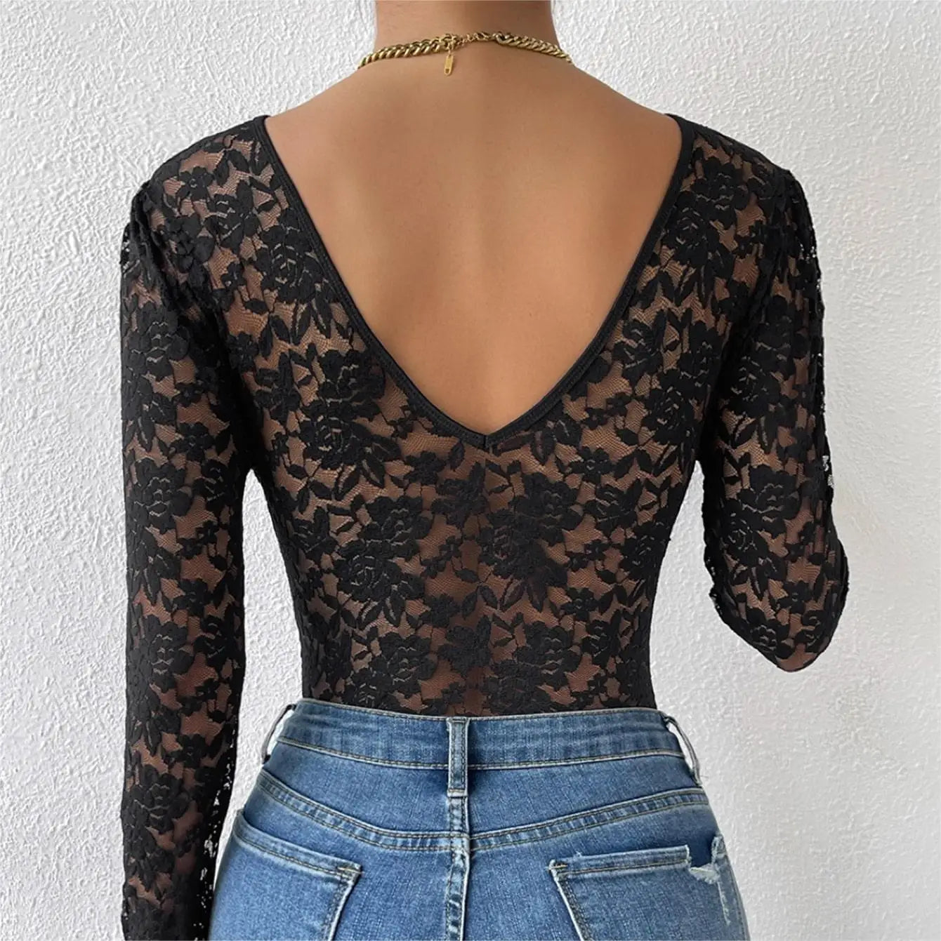 Women's Jumpsuit Onesie Lace Long Sleeve Perspective Embroidery Black V-neck Slim White Base Shirt Red Bodysuit