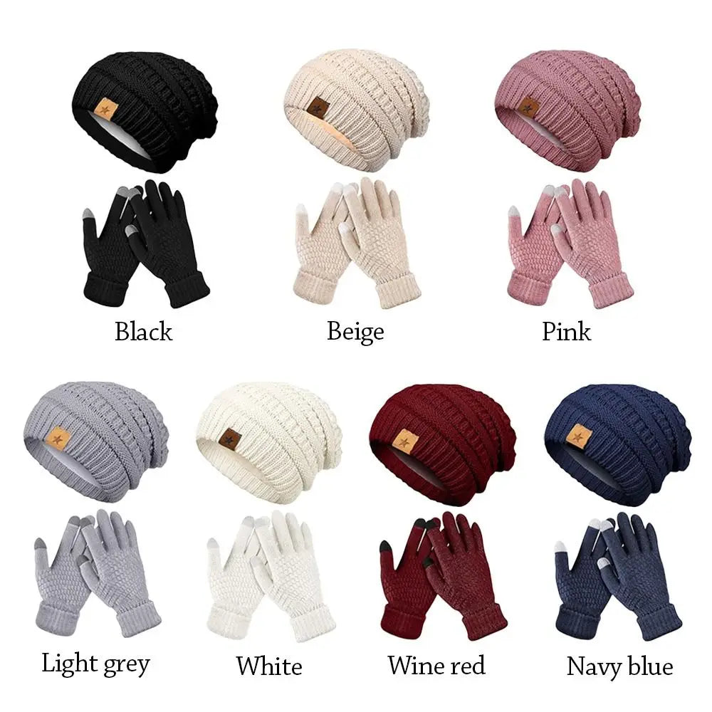 2PCS/Set Gift Warm Women Hats Gloves Set Soft Ear Protection Winter Warm Mitten Windproof Plush Beanie Cap for Men Women