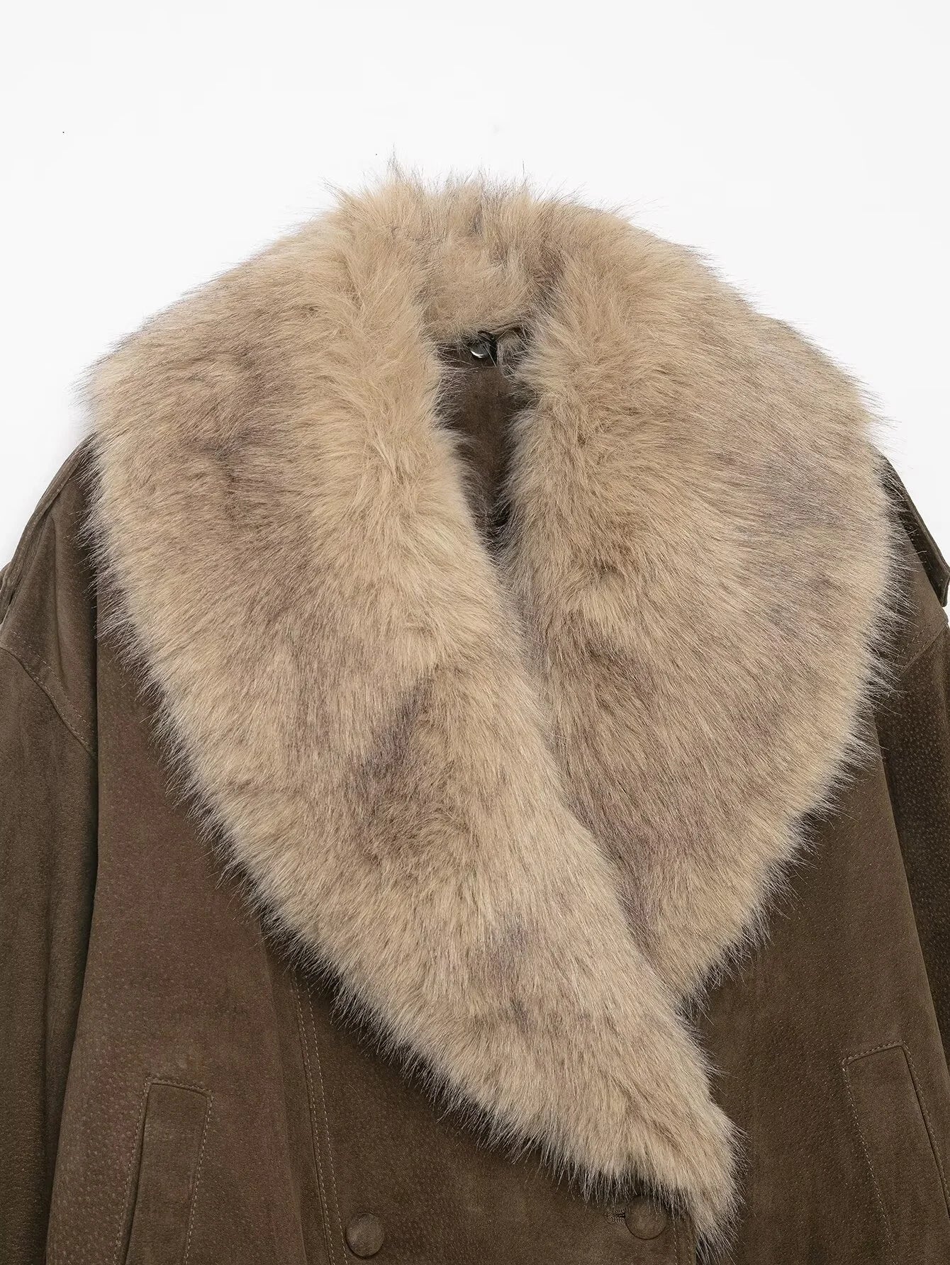 Winter New Women's Casual Fashion Simple Elegant Loose Faux Fur Effect Suede Texture Jacket with Lapel Long Sleeve