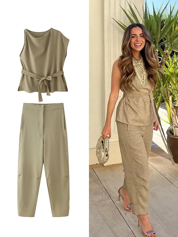 Women's Fashion Commuter Style Trouser Set Linen Blend Asymmetric Round Neck Top Pajama Style Mid Waist Trousers Womenswear
