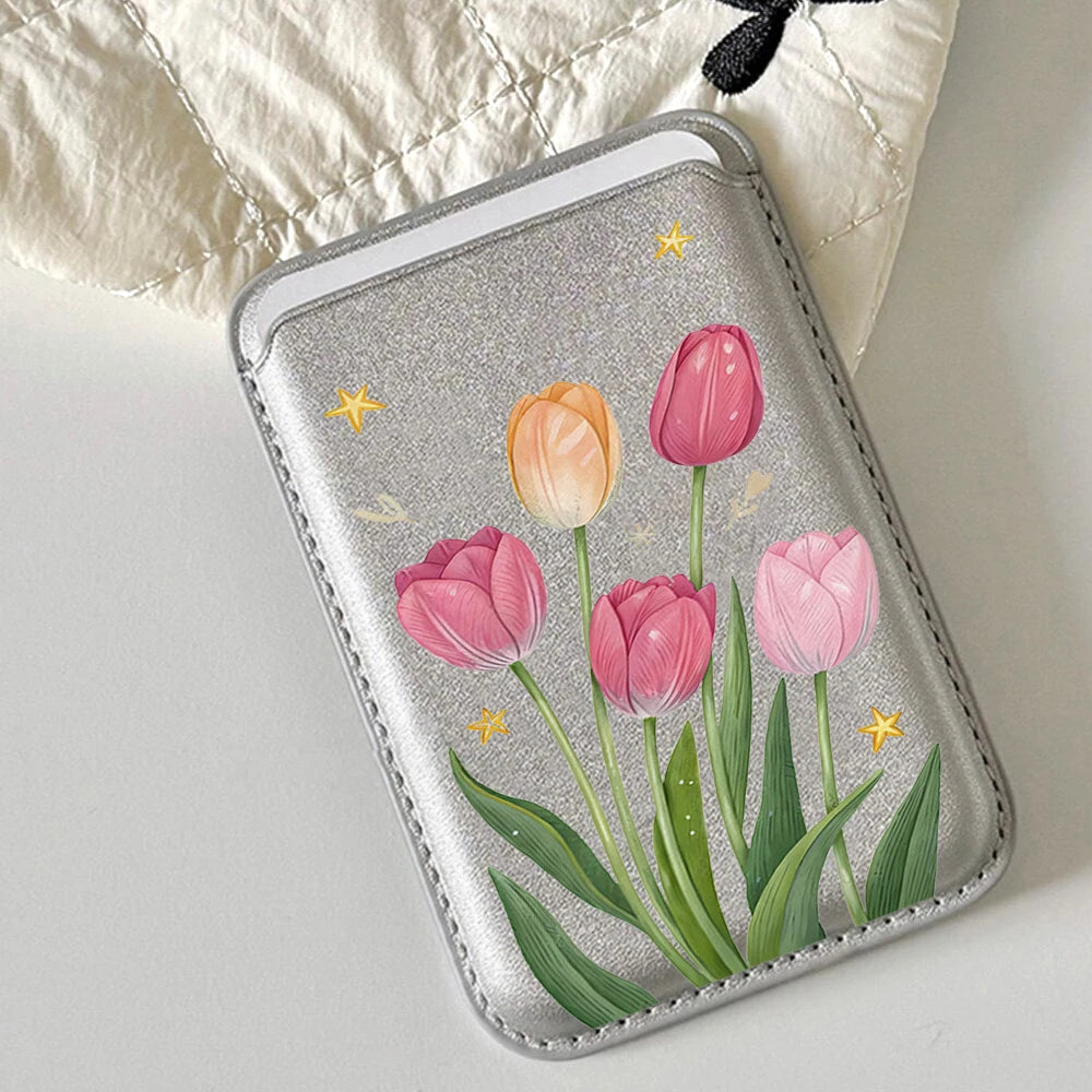 Tulip Flowers Leather Card Wallet Cases Phone Card Holder Magnetic Case Suitable For all iPhone for Magsafe Card Phone Back Bag