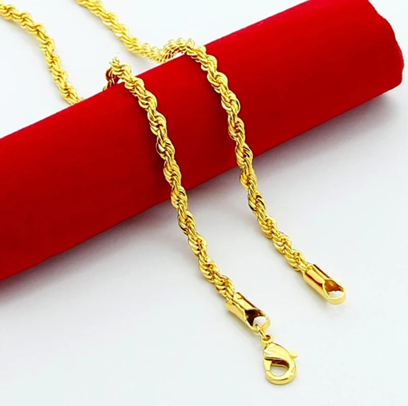 Hip Hop 24K Gold Necklace 3MM Twisted Rope Twist Electroplating Gold Necklace for Men Women Wedding Jewelry Gifts