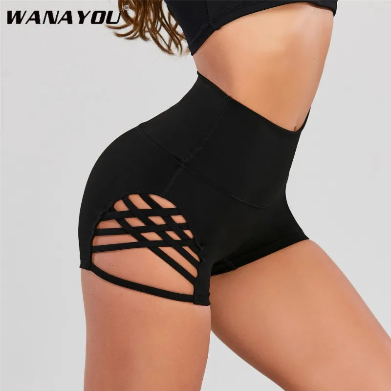 WANAYOU Hohe Taille Bedruckte Enge Yoga-Shorts Mit Seitlichem Kreuz Große Hohle Sexy Fitness Pole Dance Sport-Shorts