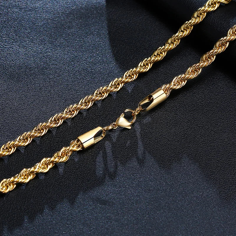 Dainty Gold Color Rope Chain Necklaces for Women Men,Chic Twisted Collar, Waterproof Stainless Steel Link 2/3/4/5mm Width
