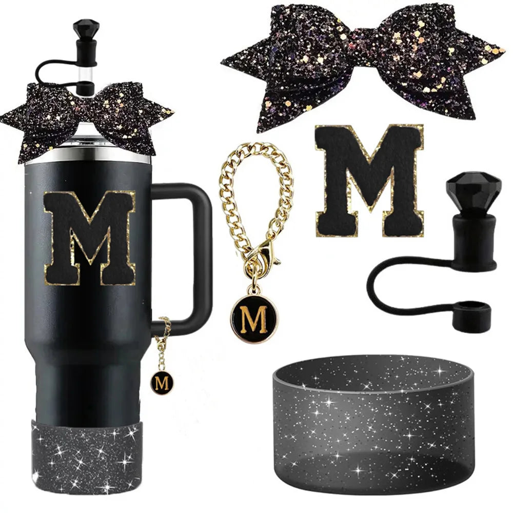 5pcs Accessories Set for Stanley 30oz 40oz Tumbler Cup Including 10mm Diamond Straw Cover Topper Bow Ties Initial Sticker