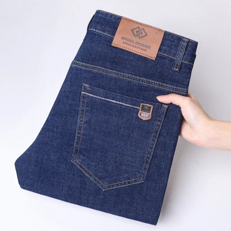 Business Thin Denim Jeans for Men Straight Stretch Cotton Work Pants Business Casual Lightweight Trousers Spring Autumn Workwear
