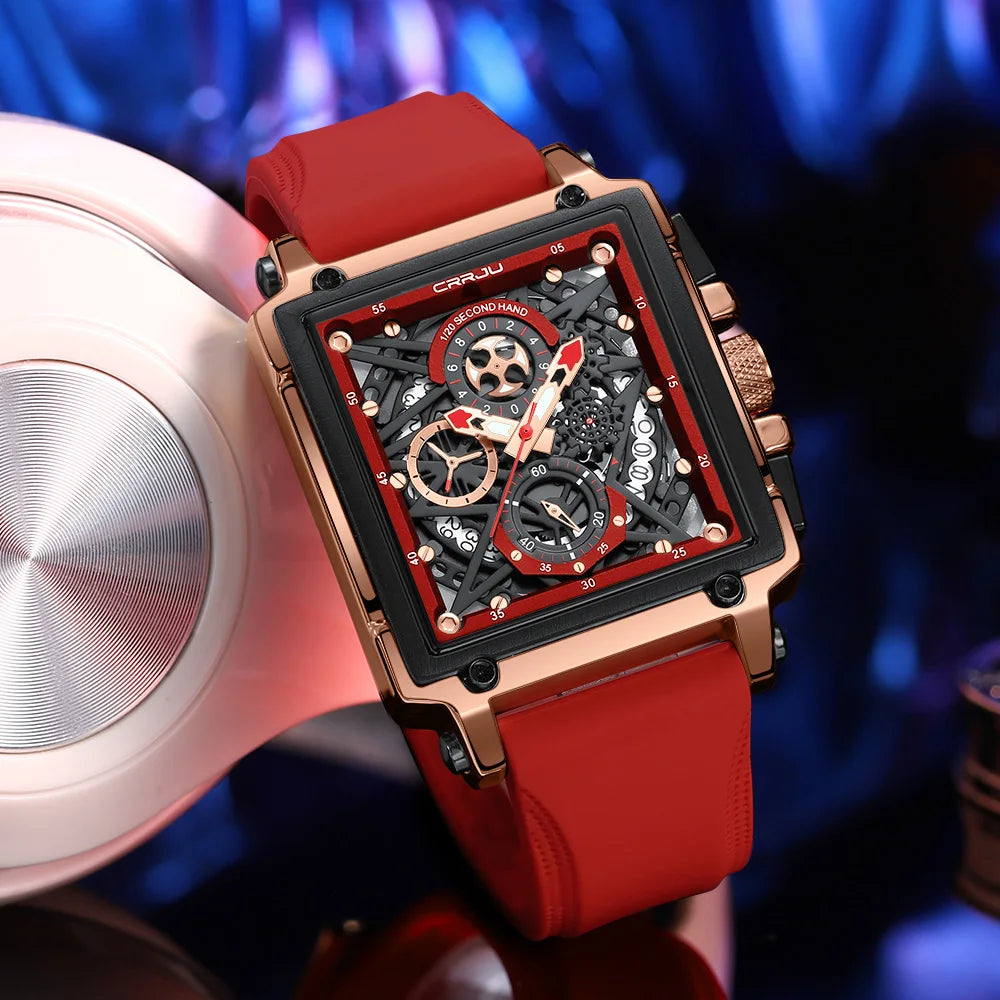 CRRJU Modische Sportuhren mit großem Zifferblatt, einzigartiges rechteckiges, hohles Design, Quarz-Armbanduhren mit Chronograph, automatisches Datum