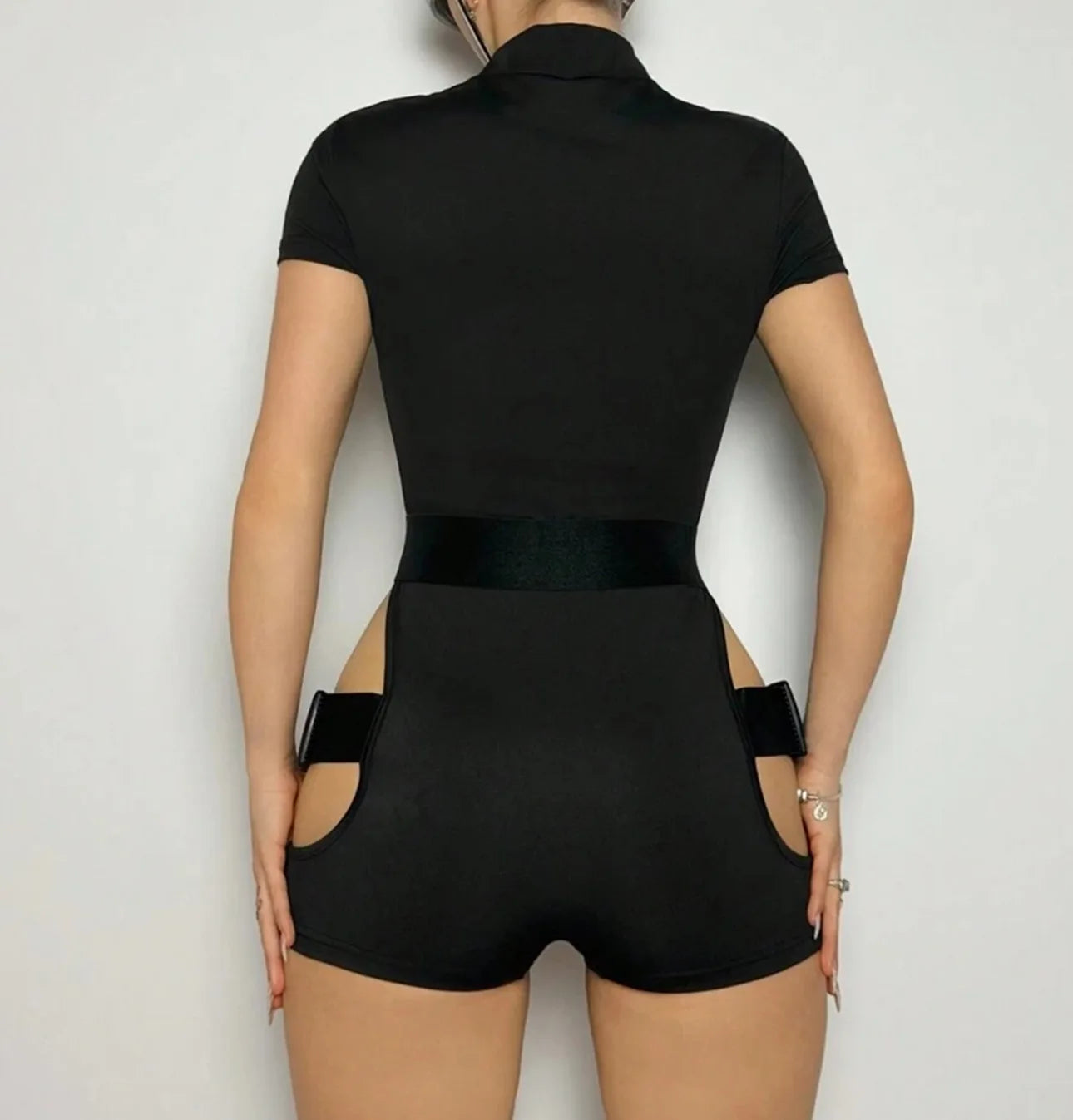 Elegant Hot Girl Style Black Hollow Out Functional Bodysuit Women Trendy Buckle Slimming Short Sleeve Top Casual Streetwear