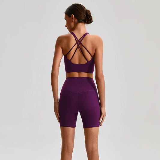 Solid Color Women Sports Suit High Waist Shorts Legging Fitness Bra 2pcs Short Legging Yoga Set Gym Workout Training Chest Pad