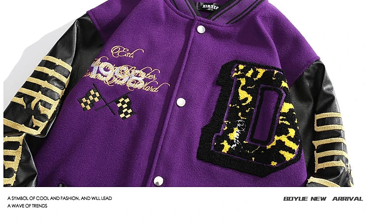 Herren Stehkragen Gespleißte Lederstickerei Wolljacken Trendy Street Hip Hop Hübscher Casual Loose Einreihiger Mantel