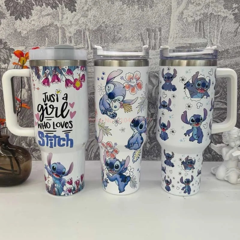 Stitch And Angel Stainless Steel Tumbler Cartoon Comic Thermal Mug With Straws And Lid 40oz Mugs Cup Cold And Hot Water Bottle