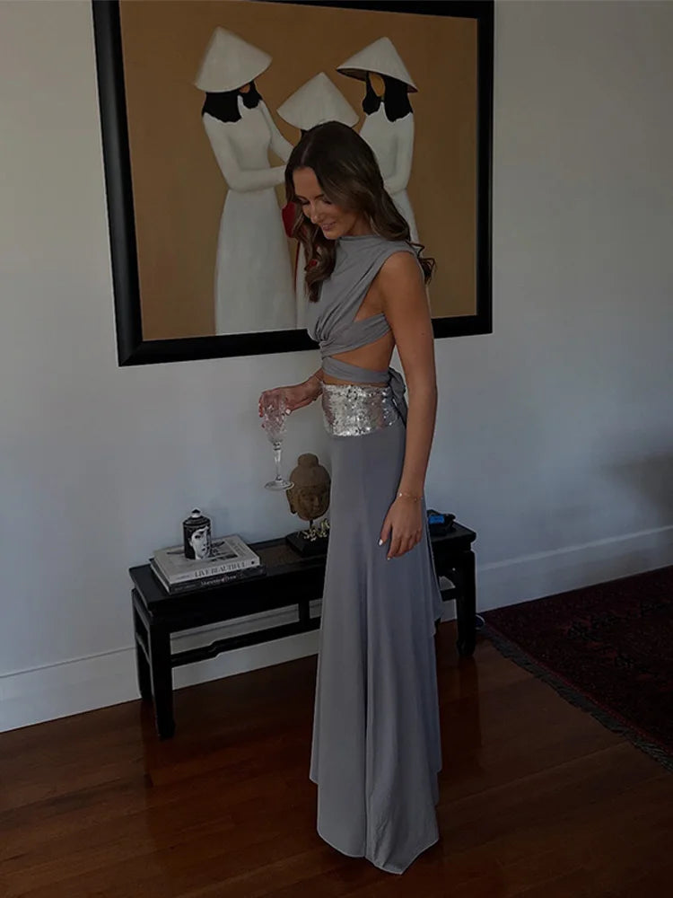 Sexy Lace Up Long Skirt Two Piece Set Sleeveless Backless Top Matching Cinched Waist Skirts Lady Birthday Christmas Evening Suit