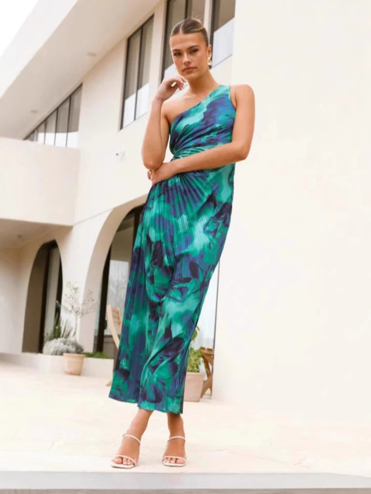 2025 Summer Fashion New Women's Elegant Temperament Pleated Dress Slanted Shoulder Sleeveless Sexy Vacation Print Dress