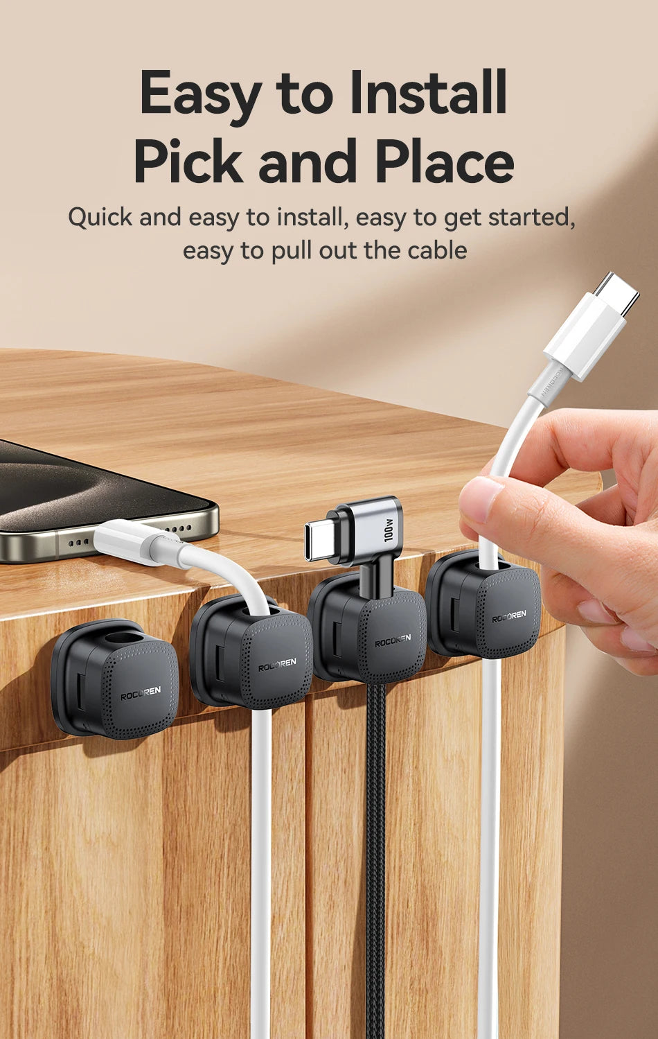 Rocoren Magnetic Cable Sorting Desktop Self Adhesive Cable Clamp Adjustable Cable Management Clamp for Earphone Cable Data Cable