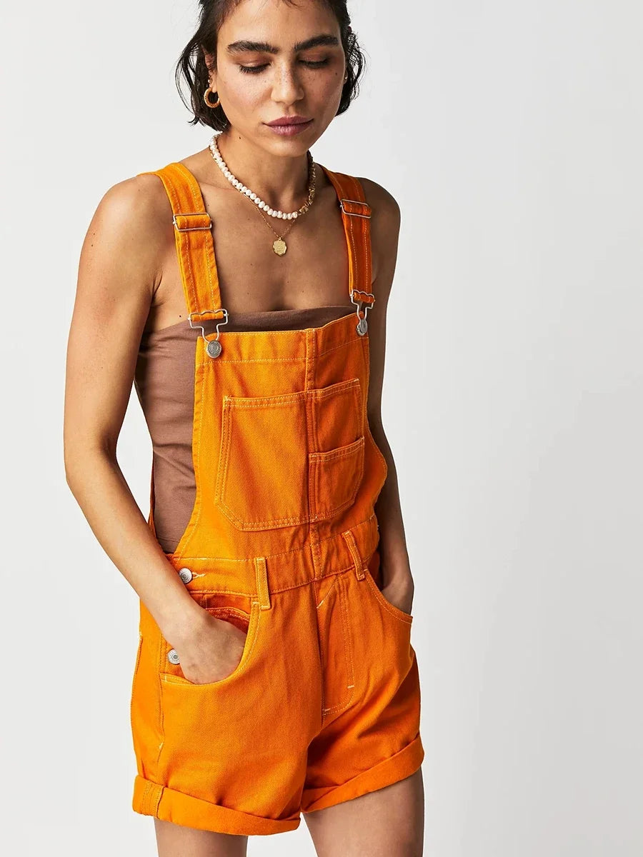 Combhasaki Women's Y2K Vintage Retro Denim Bib Overalls Adjustable Straps Pocket Romper Shorts Casual Rolled Cuff Shortalls