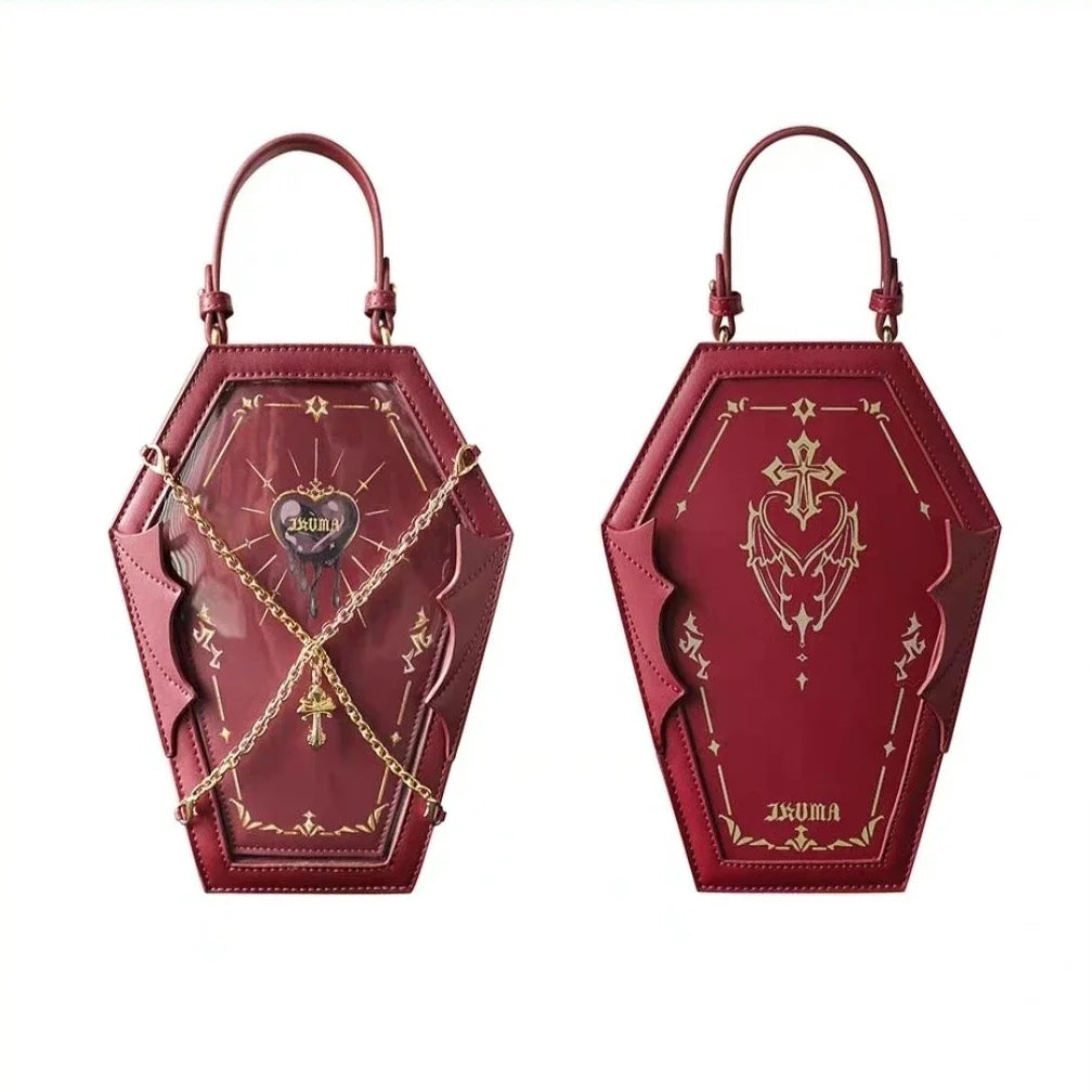 New Dark Gothic Lolita Halloween Handbag Pu Leather Chain Coffin Wings  Bag Sweet Vintage Medieval Witch Crossbody Bag
