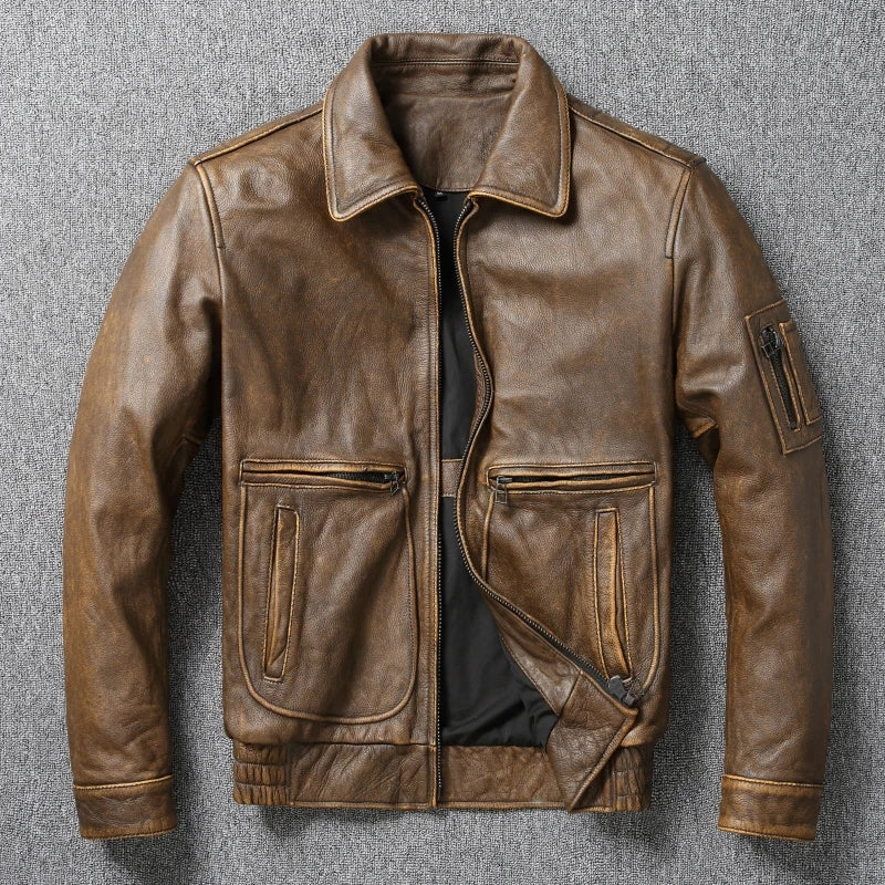 New Retro Top LayerPure Cowhide ort Bike Sle Leather Jaet Men AutumnCoat Authentic Leather Faion Urban Motorcycle Jaet