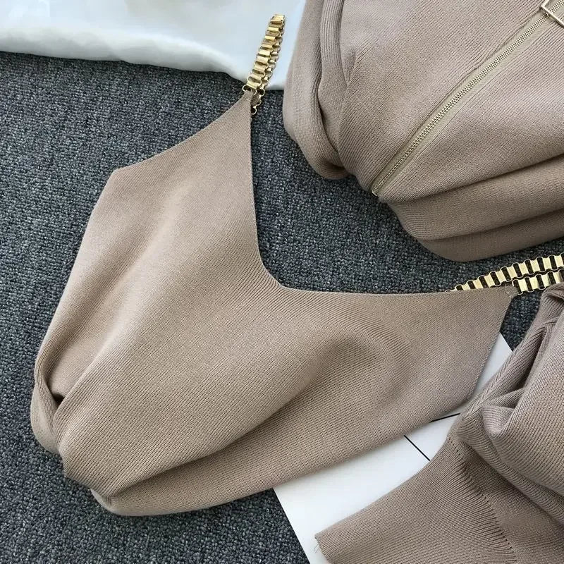 Womens Knit 3 Piece Sets V Neck Spaghetti Tops + Loose Cardigan Coats Suit + Knitwear Jogger Pants Fall Winter Casual Conjuntos