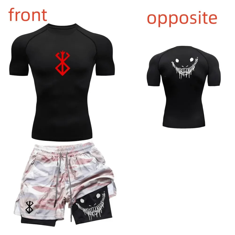 Men's fashionable casual fitness set, gym quick drying sportswear, shorts+shirt, 2-piece set, running, training, summer