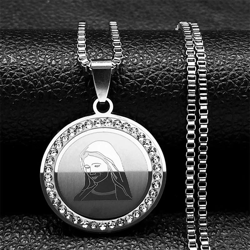 Virgin Mary Love Colorful Crystal Necklace Women Men Stainless Steel Gold Color Our Lady of Guadalupe Necklaces Jewelry N8389S05