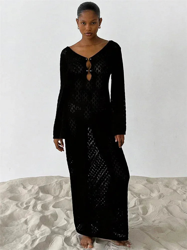 BWQ White Knit Fashion Cover up Maxi Dress Female See-Through V-Neck Hollow Out Beach Holiday Dress Knitwear Backless Dress