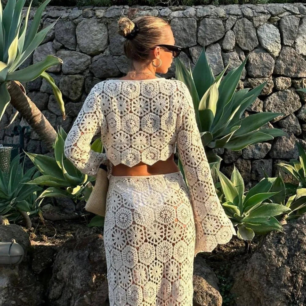 Schwarze Strandrock-Sets für Damen, sexy, aushöhlen, schlank, zweiteilig, Herbst, langärmeliges bauchfreies Top und Maxirock, Outfits 2024