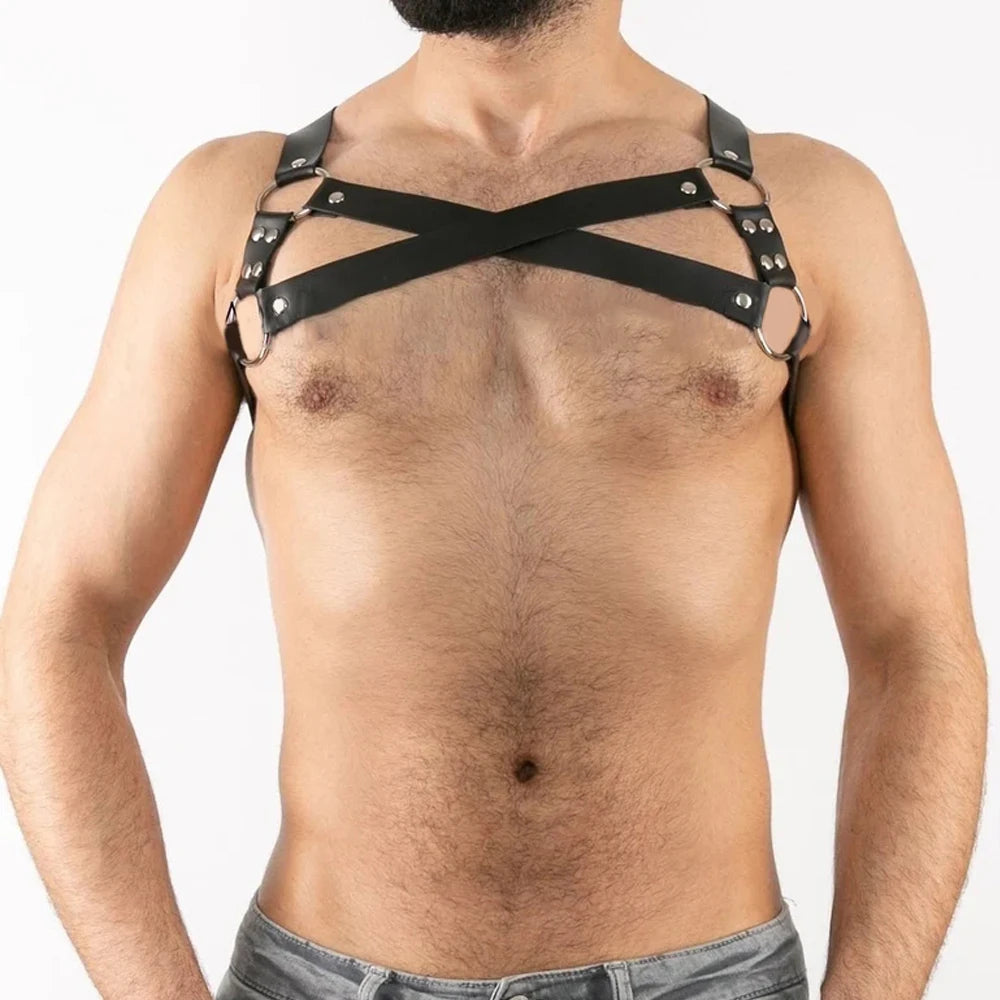 Men Harness PU Leather Lingerie Body Chest Costumes Clubwear Tops Straps,Punk Rave Cosplay