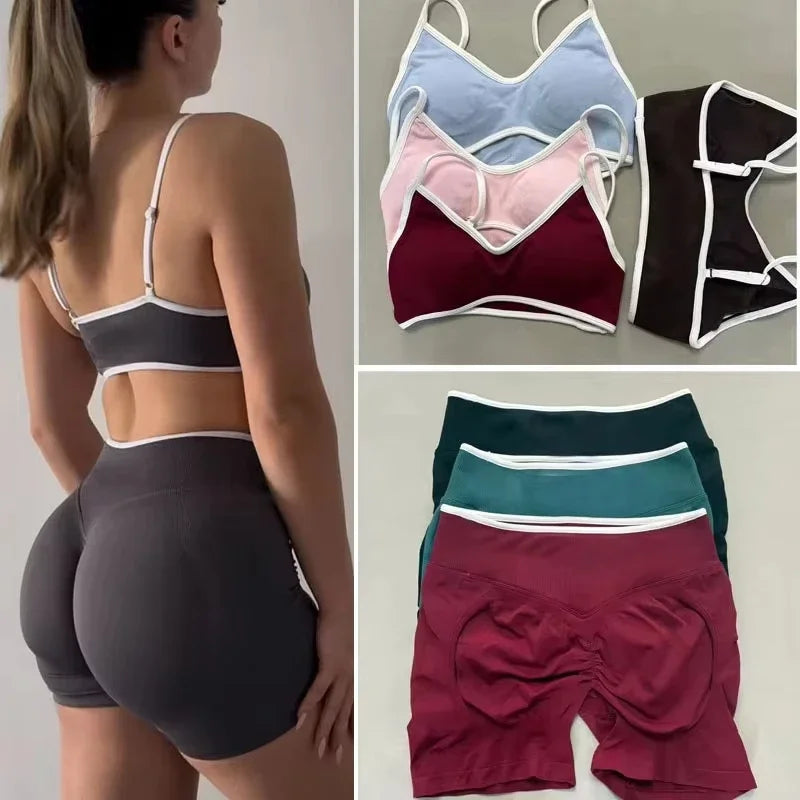2 Pieces Sports Set Women Backless Tank Yoga Tops High Waist Scrunch Seamless Shorts Sport Gym Set Sportswear Workout Set