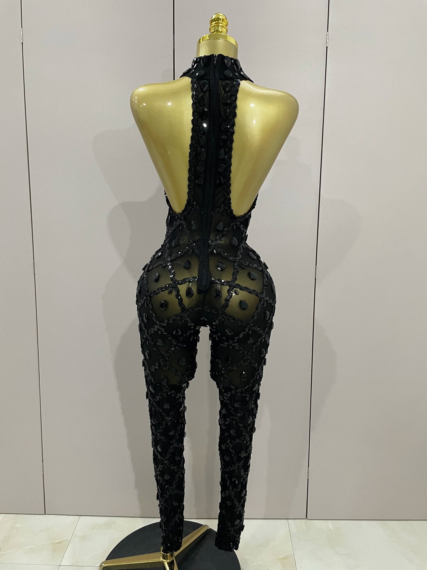 Luxury Sparkly Black Diamond Mesh See THhrough Jumpsuit Women Celebrate Birthday Sexy Dancer Nightclub Performance Stage Costume