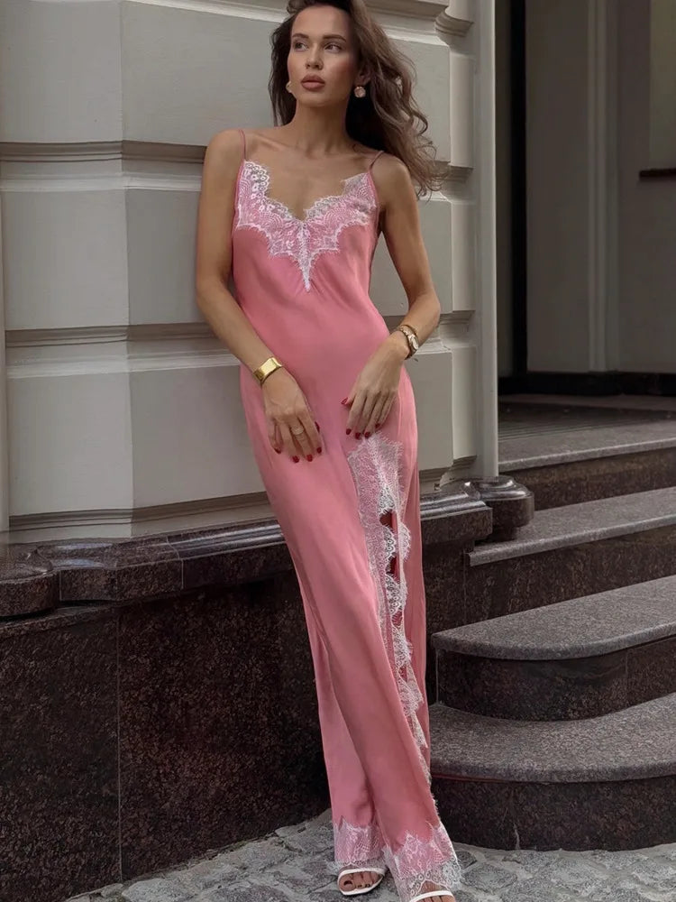 Blifanbo Lace Spaghetti Strap Irregular Sexy Maxi Dress Women Split High Waist Patchwork Sleeveless Backless Club Party Dress