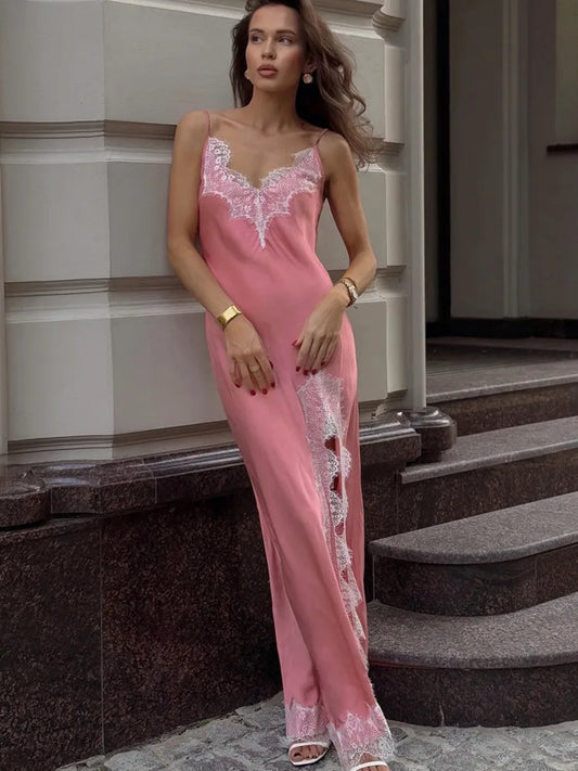 Blifanbo Lace Spaghetti Strap Irregular Sexy Maxi Dress Women Split High Waist Patchwork Sleeveless Backless Club Party Dress