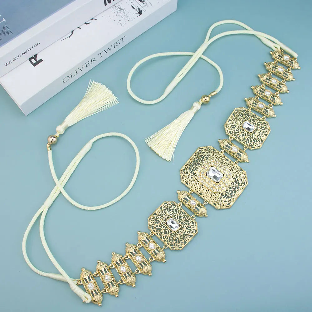 Sunspicems Gold Color Moroccan Caftan Belt Arabic Hand Rope Waist Chain Adjustable Length Women Belt Tassel Metal Body Jewelry