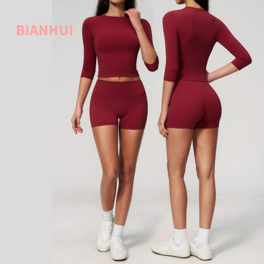 Sportswear Workout Clothes  New Yoga Outfit Set For Women Slim Fit Mid Sleeve Shorts Outdoor Fitness Half Sleeve Sports Suit