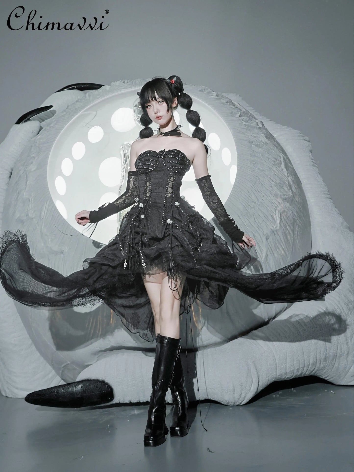 Original Punk Dark Girls Handmade Goth Skull Black Strap Drawstring Corset Bird Cage Lace Tassel Tube Top Long Trailing Skirt