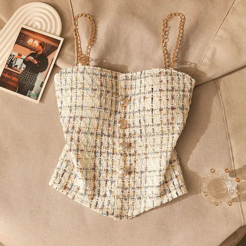 Ropa Mujer Summer Tanks for Women's Sweet Plaid Tunic Sleeveless Camis Crop Tops Chic Chian Backless Single Breasted Vest