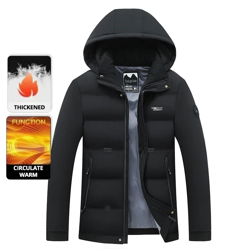 Men's Quilted Winter Windbreaker Parka Jacket with Thickened Lining – Hooded Standing Collar Coat for Middle-Aged Warmth