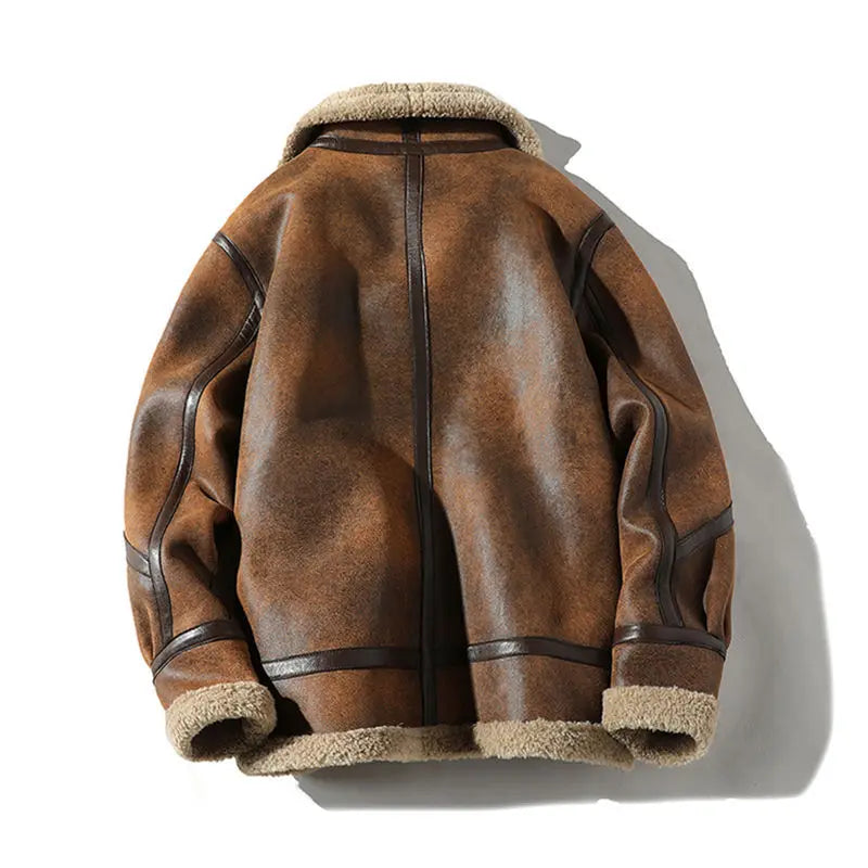 Mens Retro Suede Lambhair Jacket Thick Winter Fur Large Size Motorcycle Leather Coat Trendy