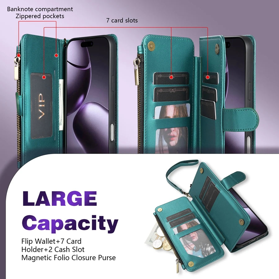 Wallet Multi-card Slot Zipper Kickstand Magnetic Flip Leather Case For iPhone 17 Pro Max 17e Air 16e 15 Plus 14 13 12 11 XR 8 7