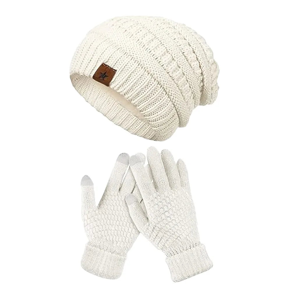 2PCS/Set Gift Warm Women Hats Gloves Set Soft Ear Protection Winter Warm Mitten Windproof Plush Beanie Cap for Men Women