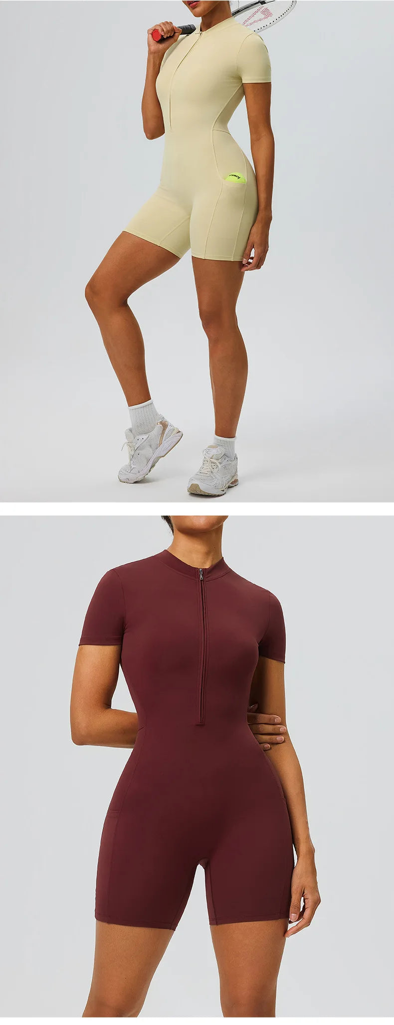 Women's zipper short sleeved yoga jumpsuit with functional pockets for hip lifting and tight fitting sports jumpsuit shorts
