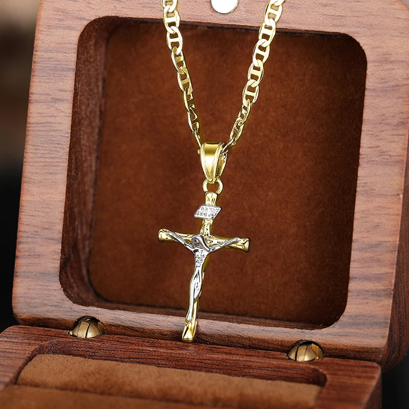 Huitan Religious Cross Pendant Necklace for Women/Men Two Tone Plated New Trendy Boys Girls Necklace Hip Hop Rock Neck Jewelry