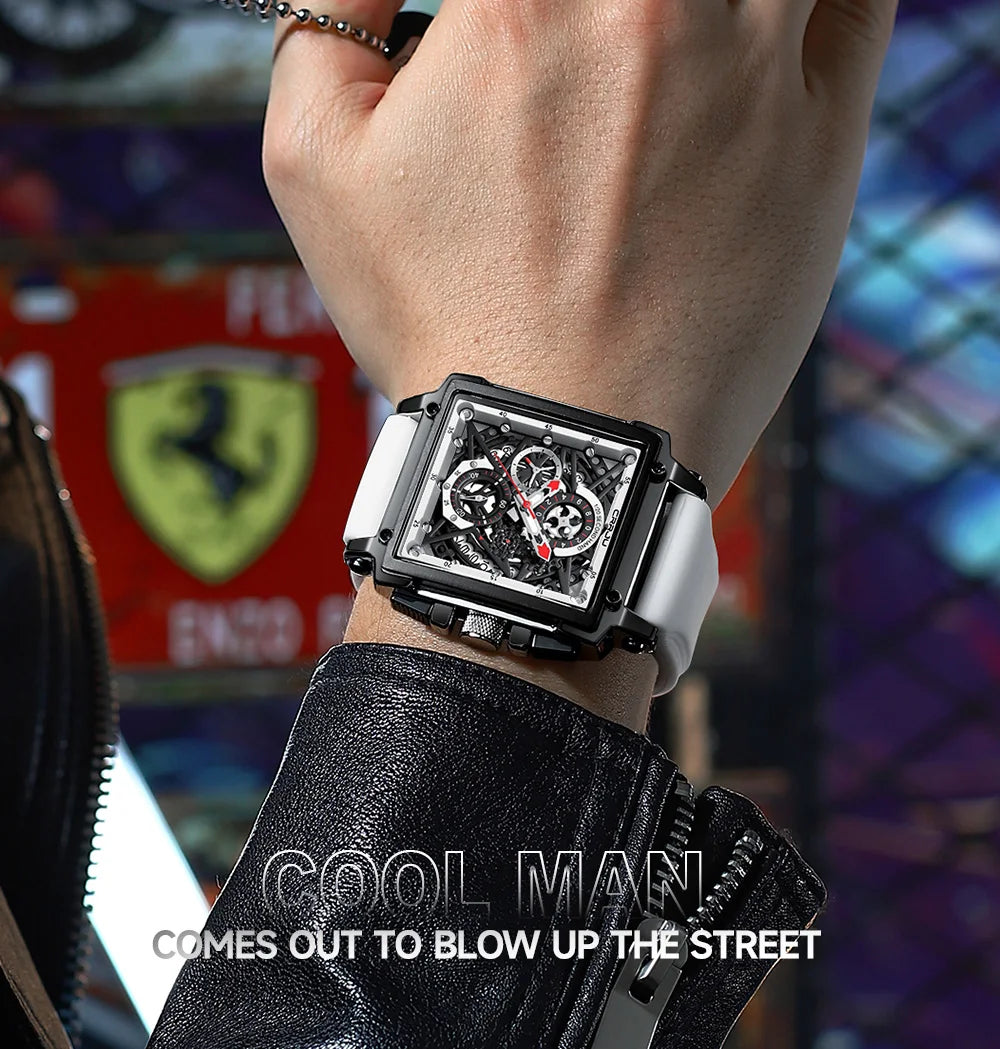 CRRJU Modische Sportuhren mit großem Zifferblatt, einzigartiges rechteckiges, hohles Design, Quarz-Armbanduhren mit Chronograph, automatisches Datum