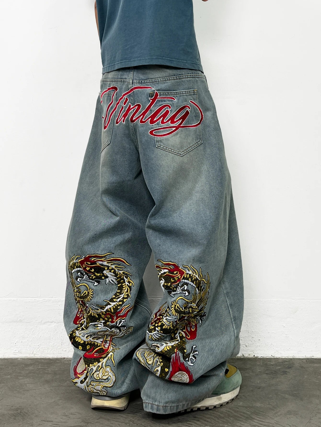 American Retro Dragon Art Embroidery Blue Baggy Jeans Men's y2k Washed Street Hip-Hop Fashion Versatile Straight Wide-Leg Pants