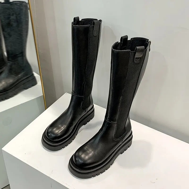 New Platform Women Knight Long Boots Fashion Warm Fur Shoes Autumn Winter Square Heels Ladies Knee High Boots Zapatos Mujer