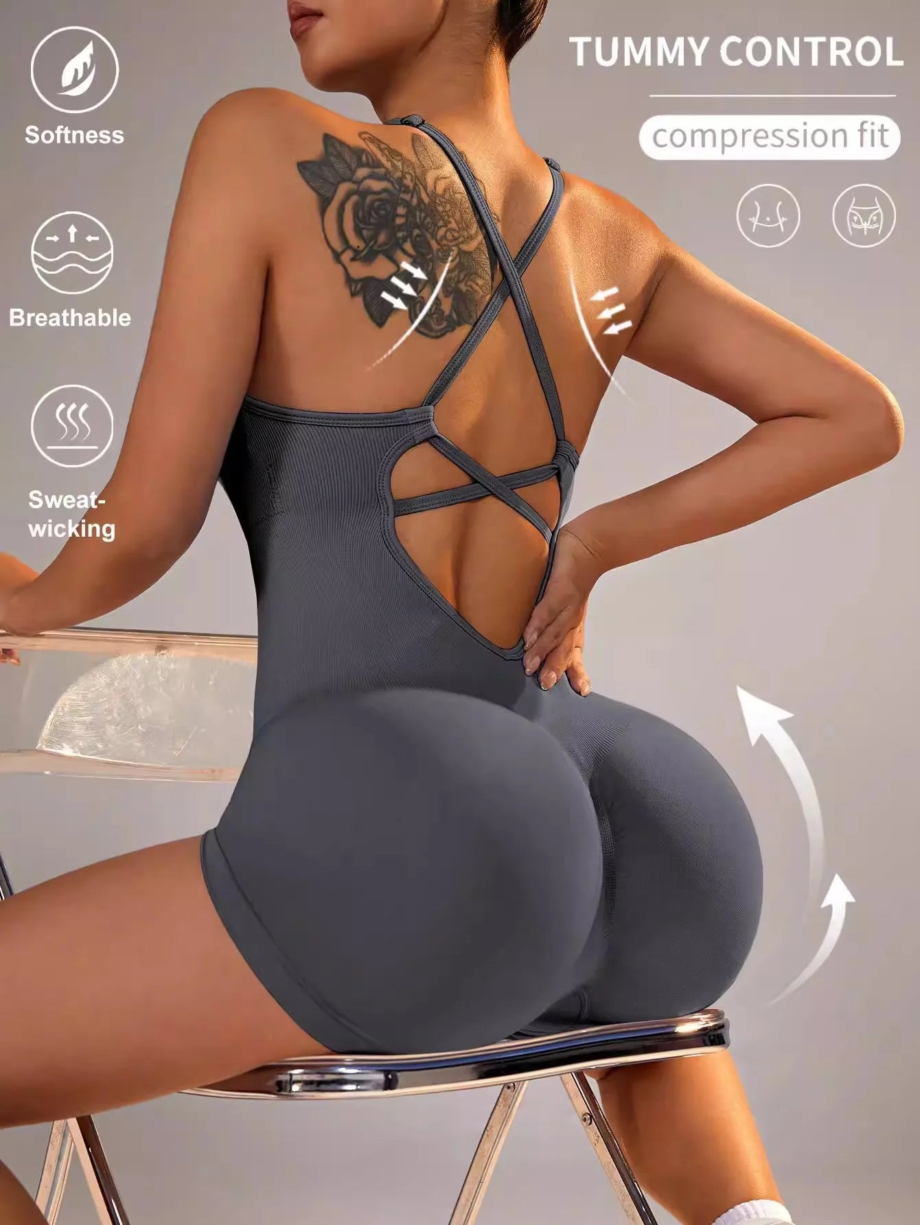 Women's Yoga Jumpsuit, Sexy One-Piece Fitness Romper with Strap, Tummy Control & Padded Sports Bra for Workout