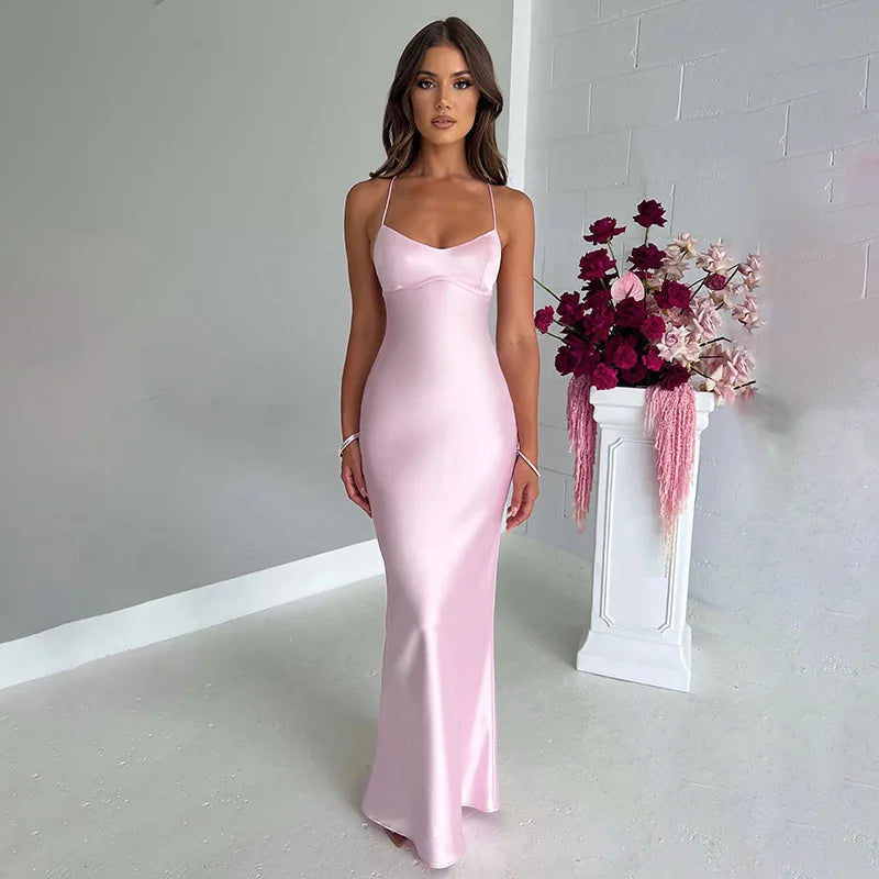 Sommer Langes Kleid Frauen Abendkleider Mode Sexy Club Party Kleider Hosenträger Satin Kleid Rückenfrei Riemchen Taille Langen Rock
