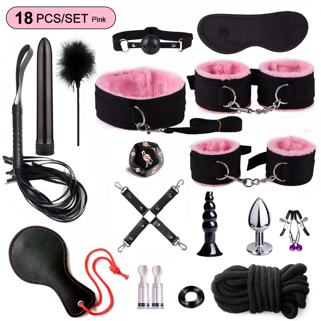 Hot Exotic Bed B+ndage Set B+SM Kits Exotic S*x Toys For Women  Adults Games Leather Handcuffs Whip Gag Nipple Clamps S*x