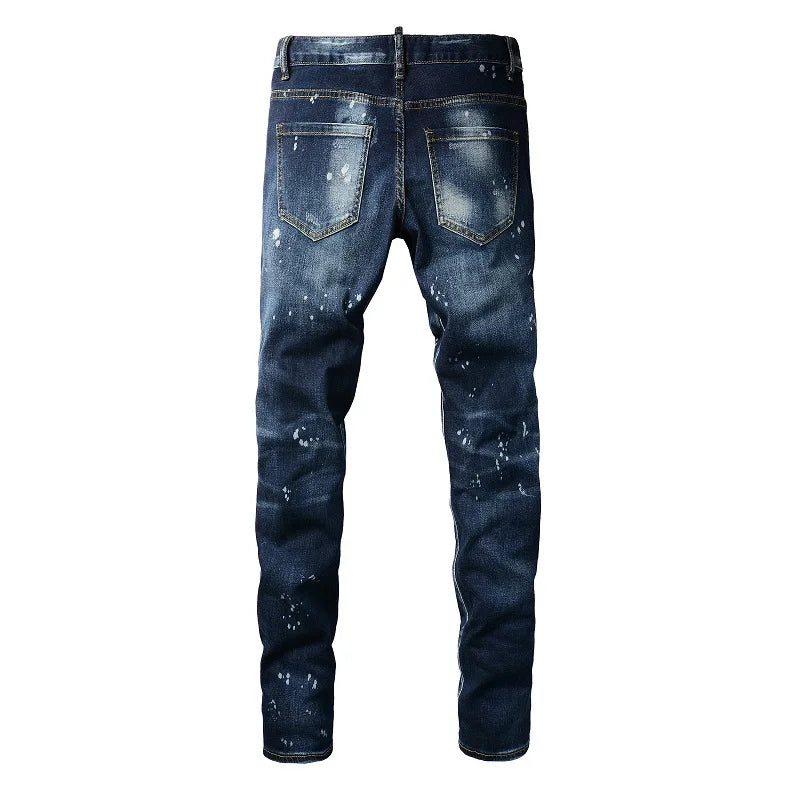 Männer Löcher Patchwork Denim Jeans Streetwear Dunkelblau Stretch Hose Bemalt Skinny Tapered Hose