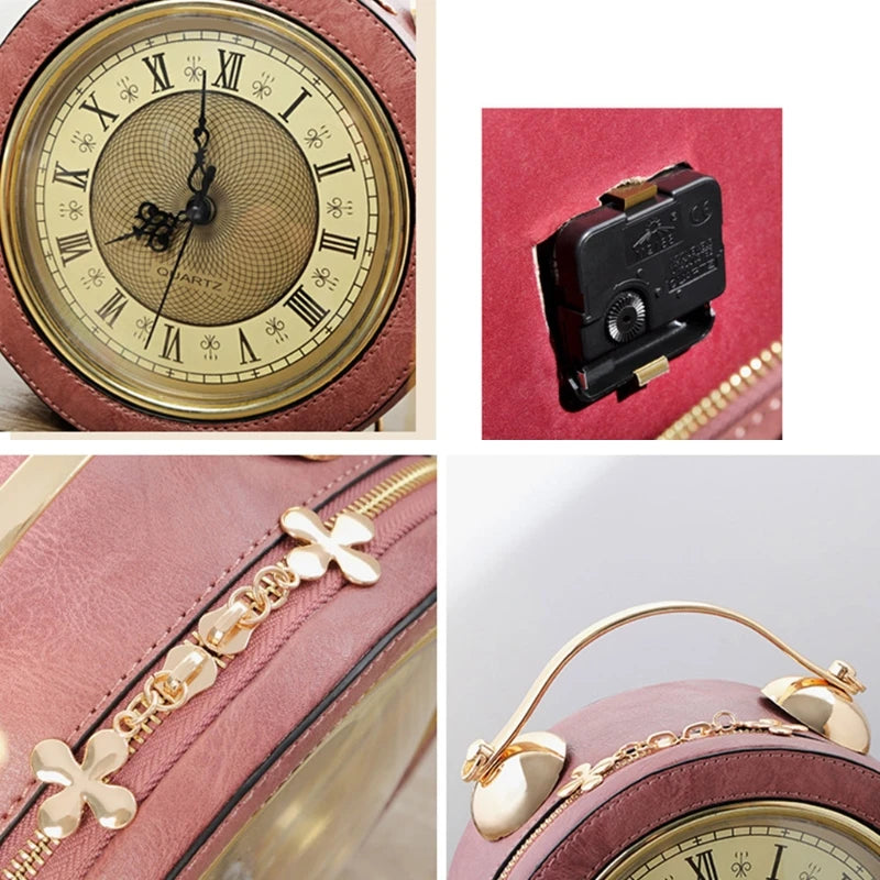 Fashion PU Leather Women Lady Vintage Clock Round Handbag Messenger Crossbody Shoulder Bag Chain Purse